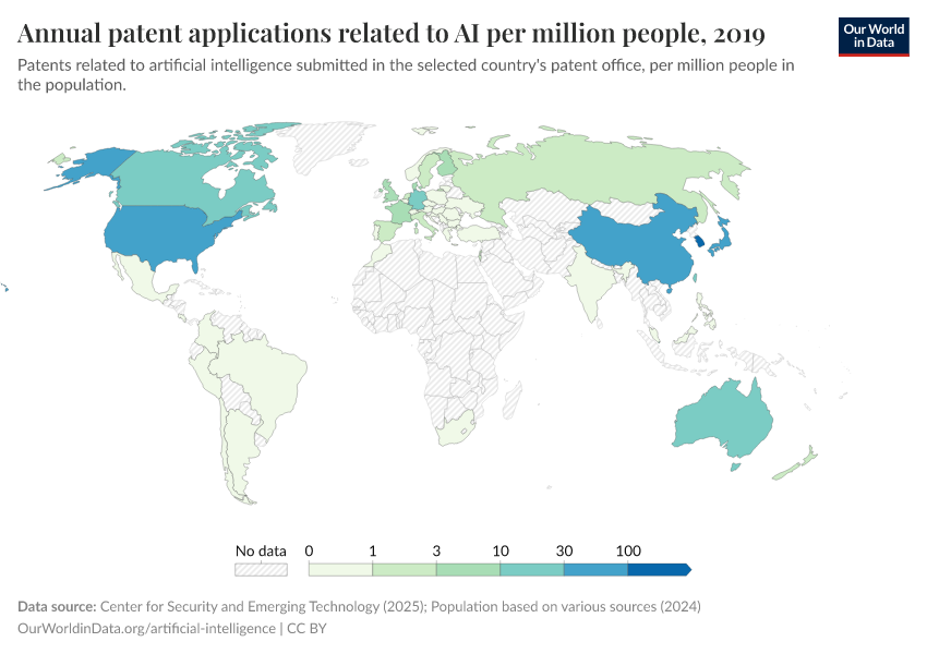 A thumbnail of the "Annual patent applications related to AI per million people" chart