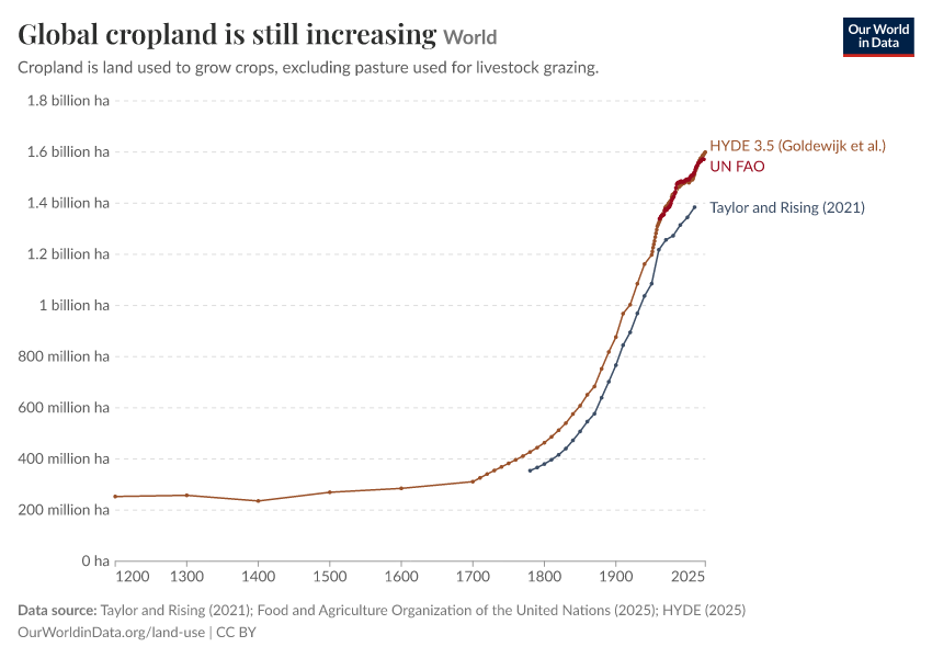 Global cropland is still increasing