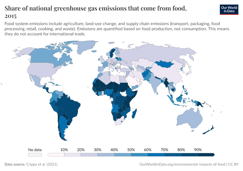 A thumbnail of the "Share of national greenhouse gas emissions that come from food" chart