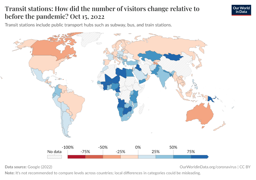 A thumbnail of the "Transit stations: How did the number of visitors change relative to before the pandemic?" chart